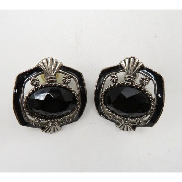 Unbranded Jewelry - Vintage Huggie Earrings Black Silver Tone Pierced Earrings Faceted Lucite Bead